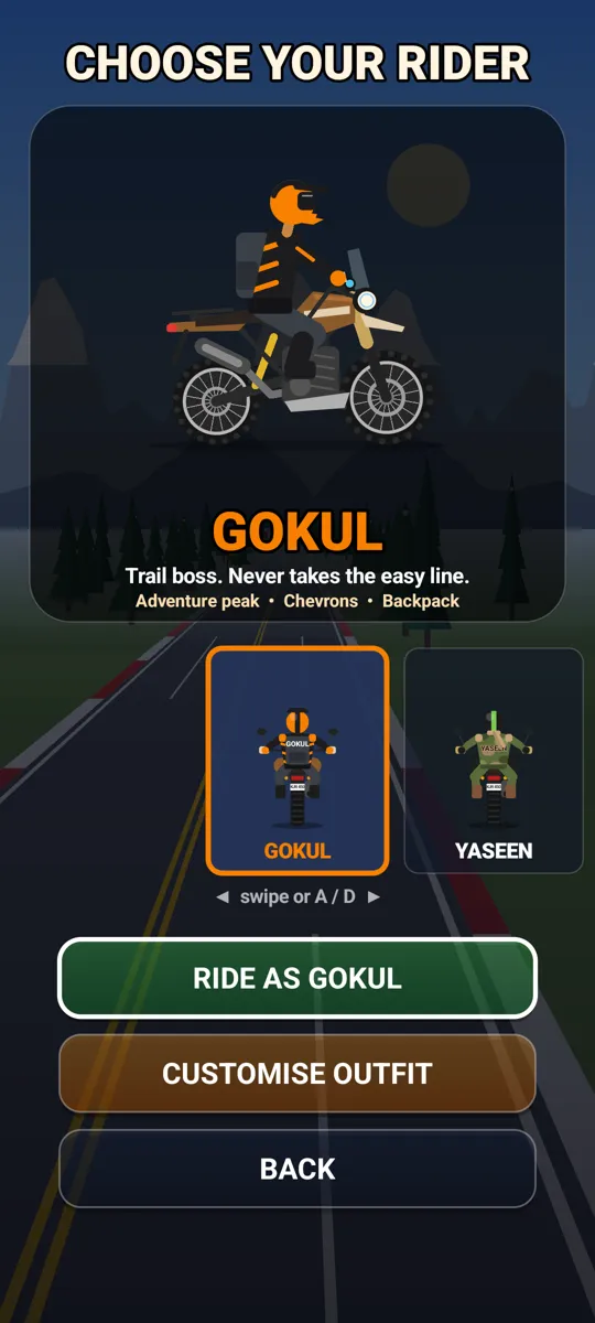 Choose your rider screen