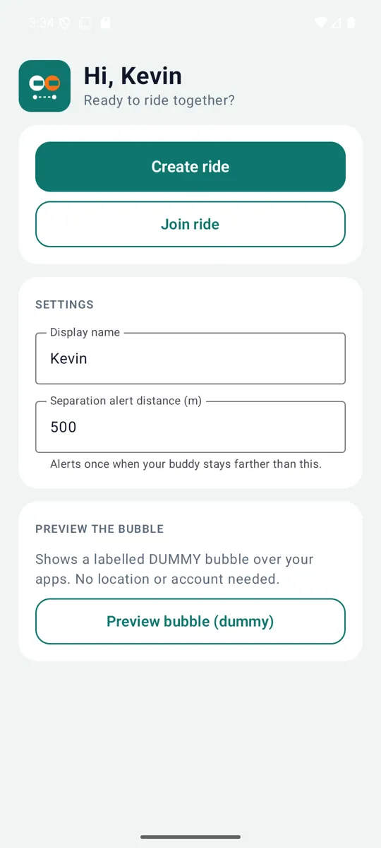 Ride Buddy home: create or join a ride