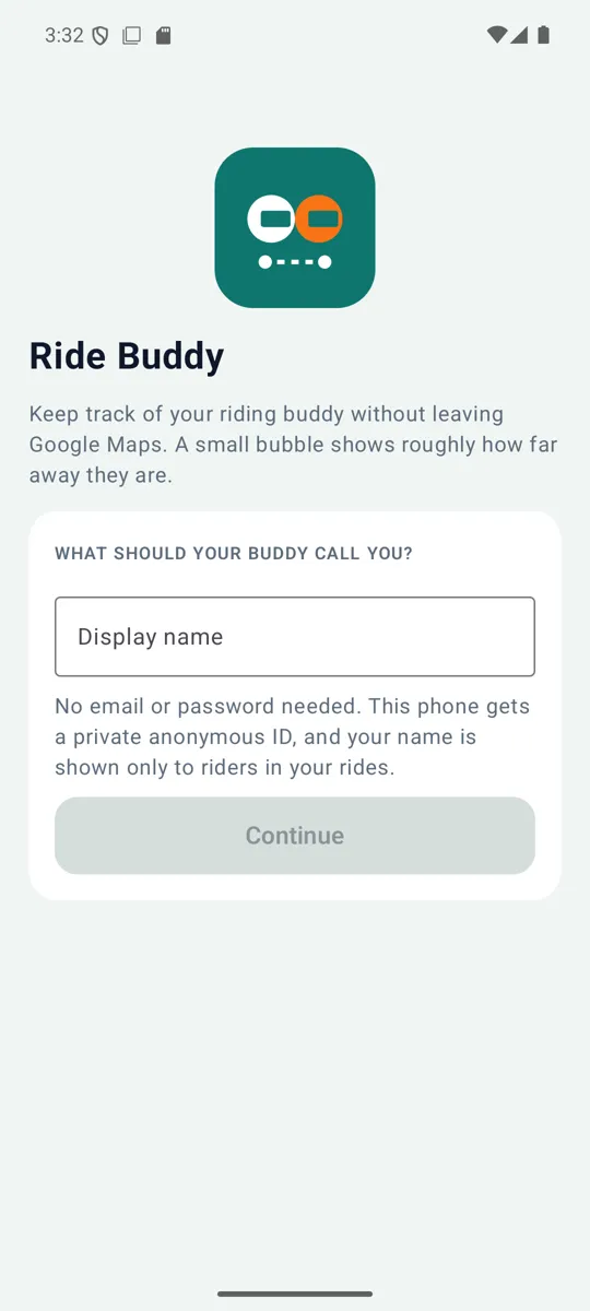 Ride Buddy welcome: just pick a display name