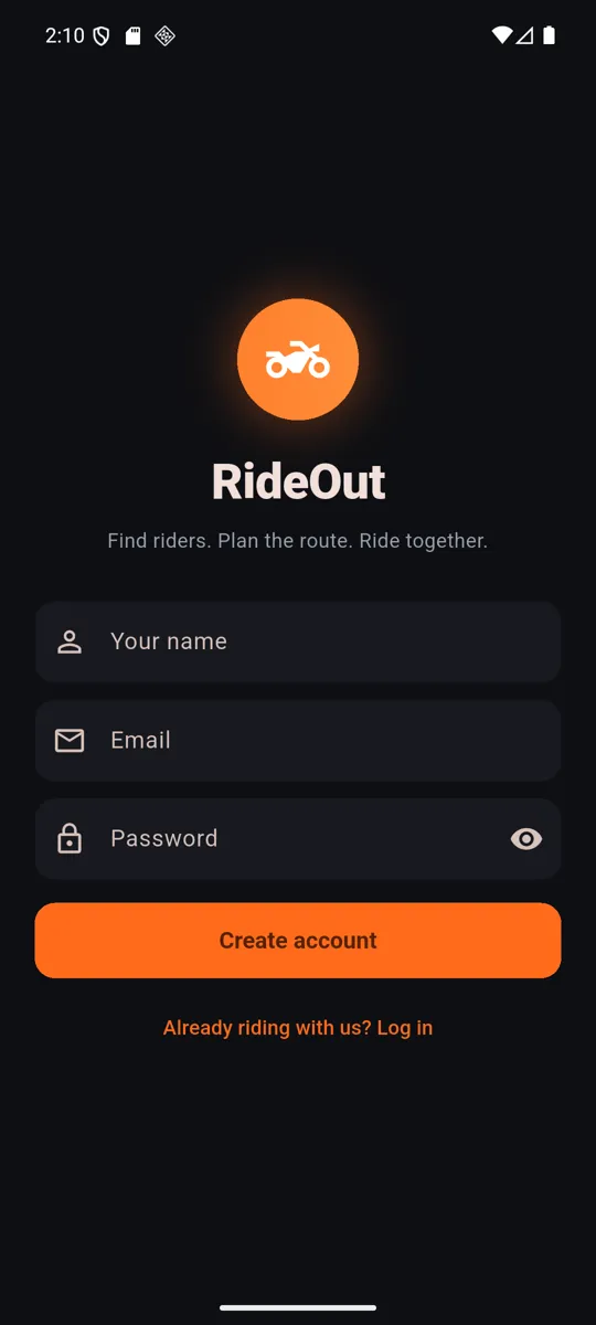 RideOut sign-up screen
