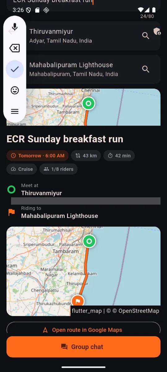 RideOut ride page with route map