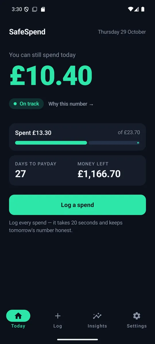 SafeSpend Today screen showing £10.40 left to spend today